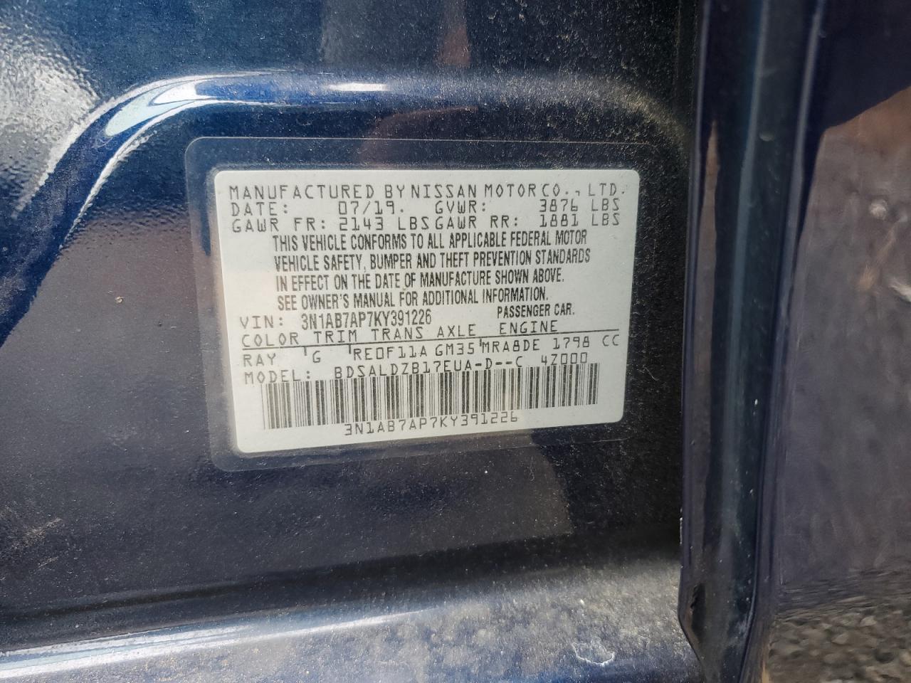 3N1AB7AP7KY391226 2019 Nissan Sentra S