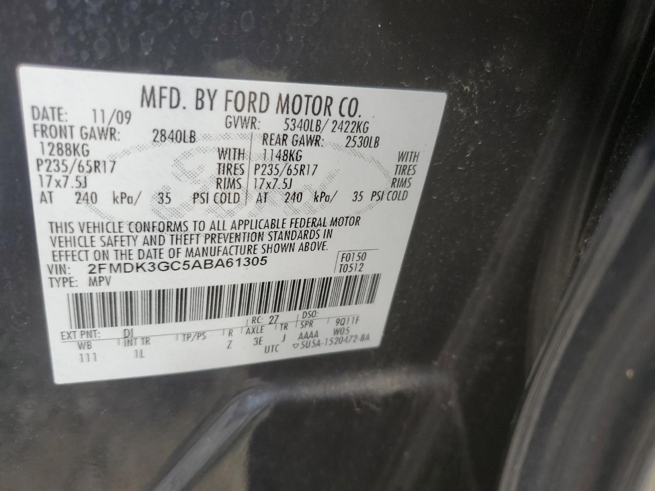 2FMDK3GC5ABA61305 2010 Ford Edge Se