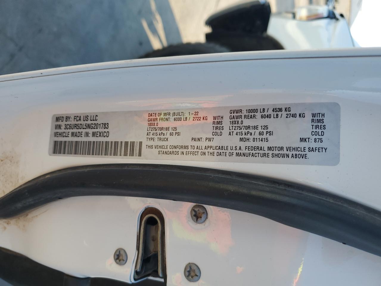 2022 Ram 2500 Big Horn/Lone Star VIN: 3C6UR5DL5NG201783 Lot: 71720374