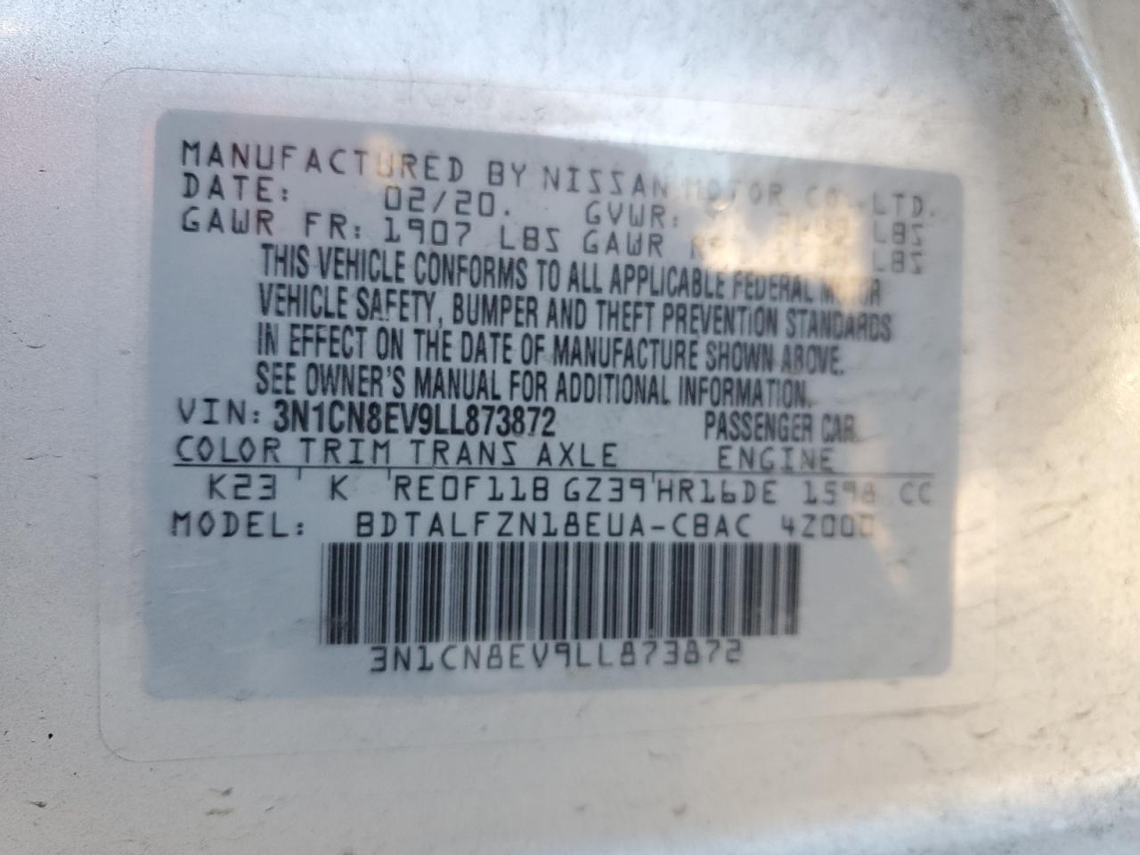 3N1CN8EV9LL873872 2020 Nissan Versa Sv