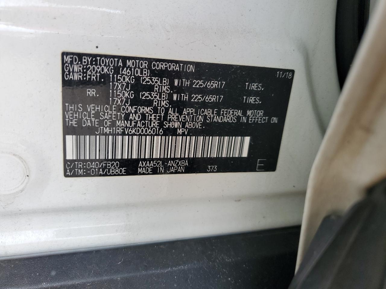 JTMH1RFV6KD006016 2019 Toyota Rav4 Le