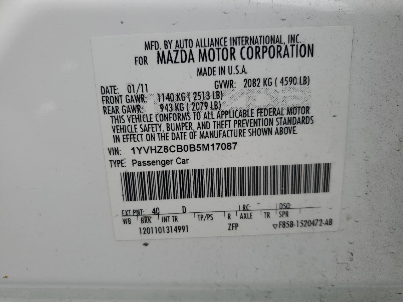 1YVHZ8CB0B5M17087 2011 Mazda 6 S