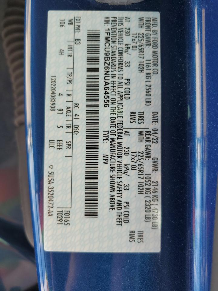 2022 Ford Escape Se VIN: 1FMCU9BZ6NUA64556 Lot: 71634524