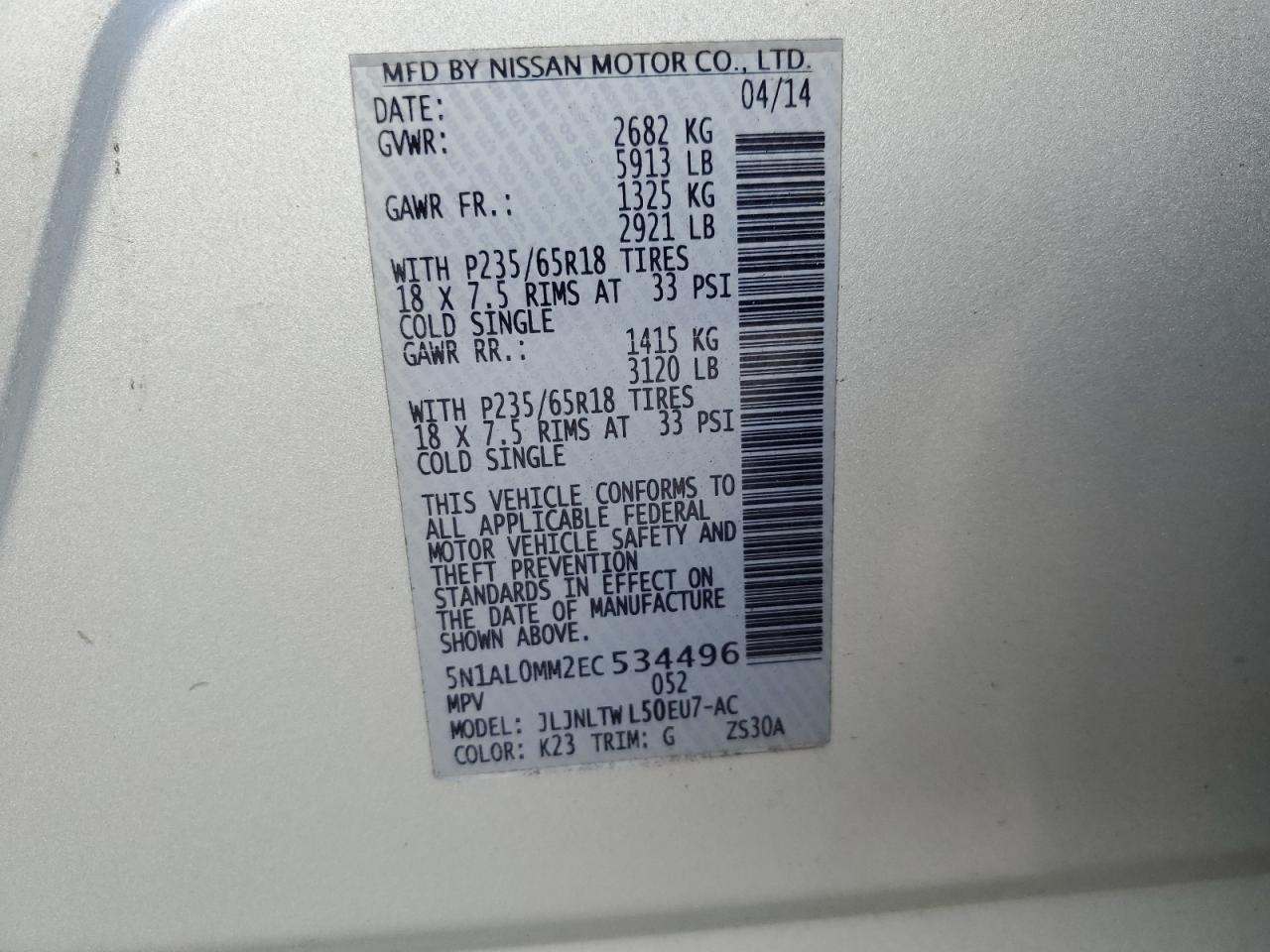 5N1AL0MM2EC534496 2014 Infiniti Qx60