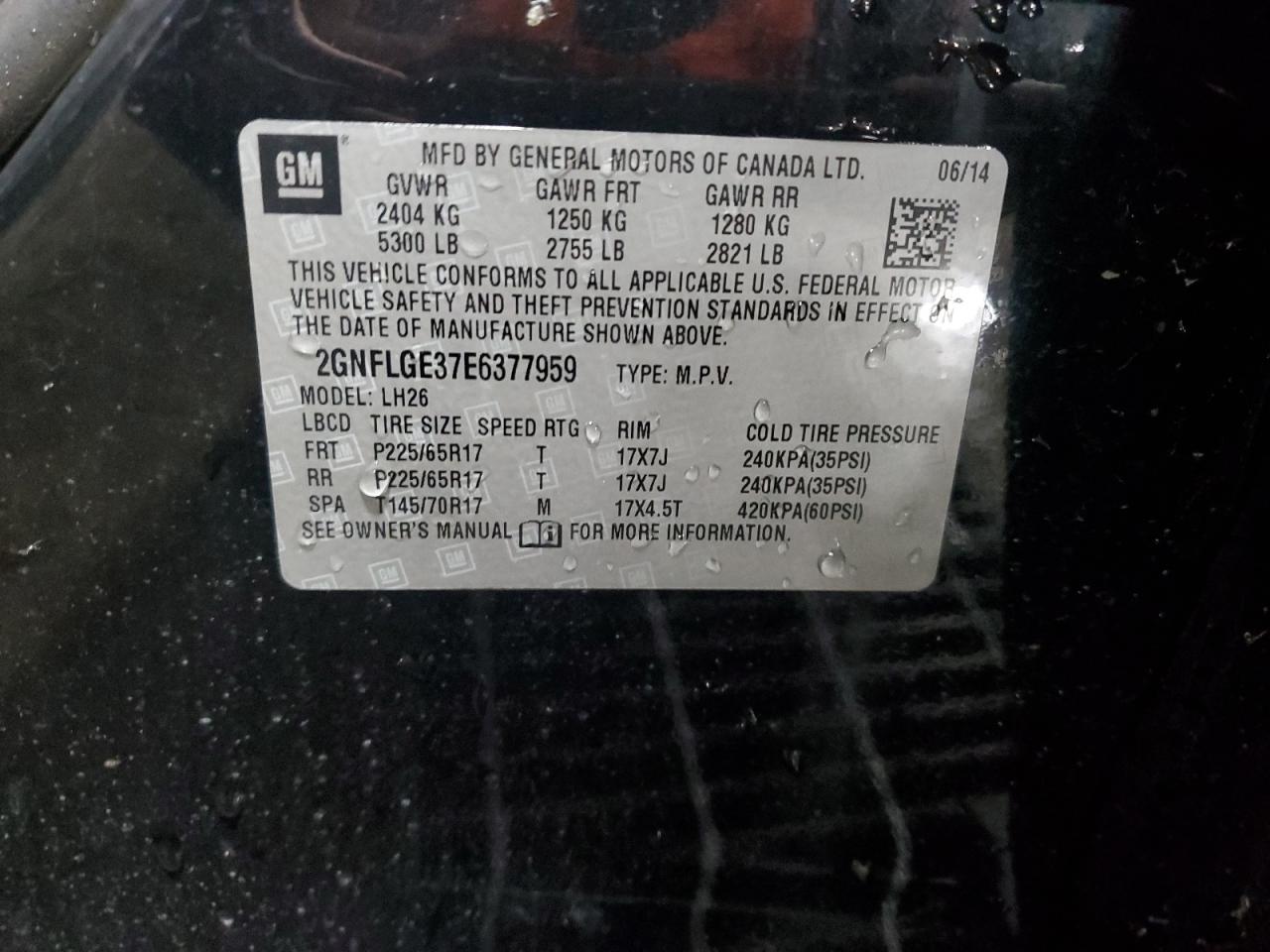 2GNFLGE37E6377959 2014 Chevrolet Equinox Lt