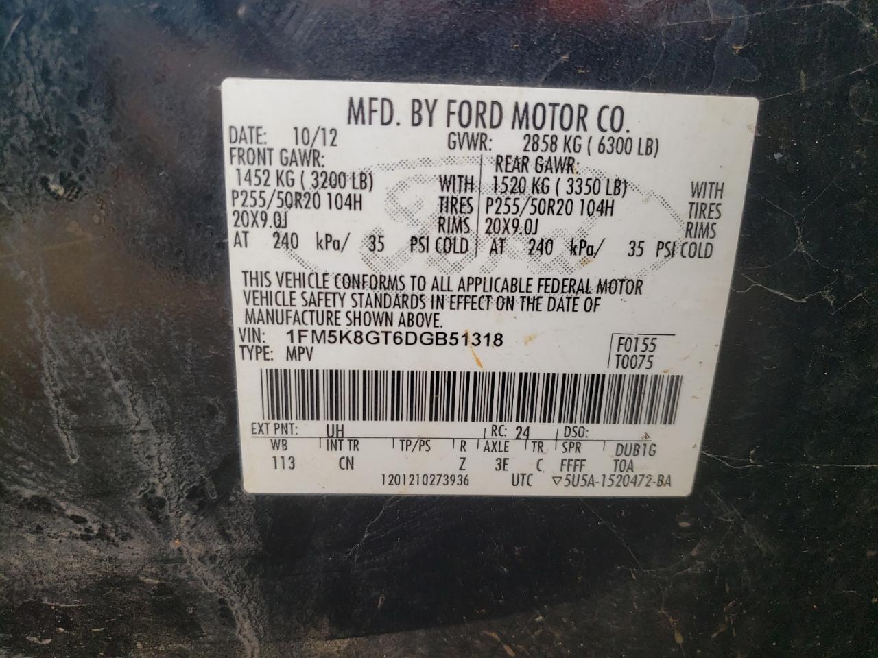 2013 Ford Explorer Sport VIN: 1FM5K8GT6DGB51318 Lot: 79927554