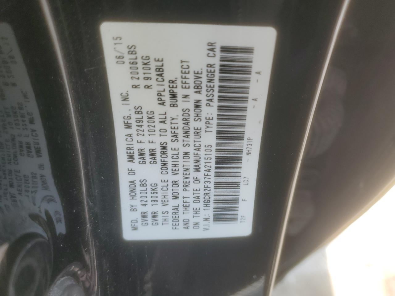 1HGCR2F37FA215105 2015 Honda Accord Lx