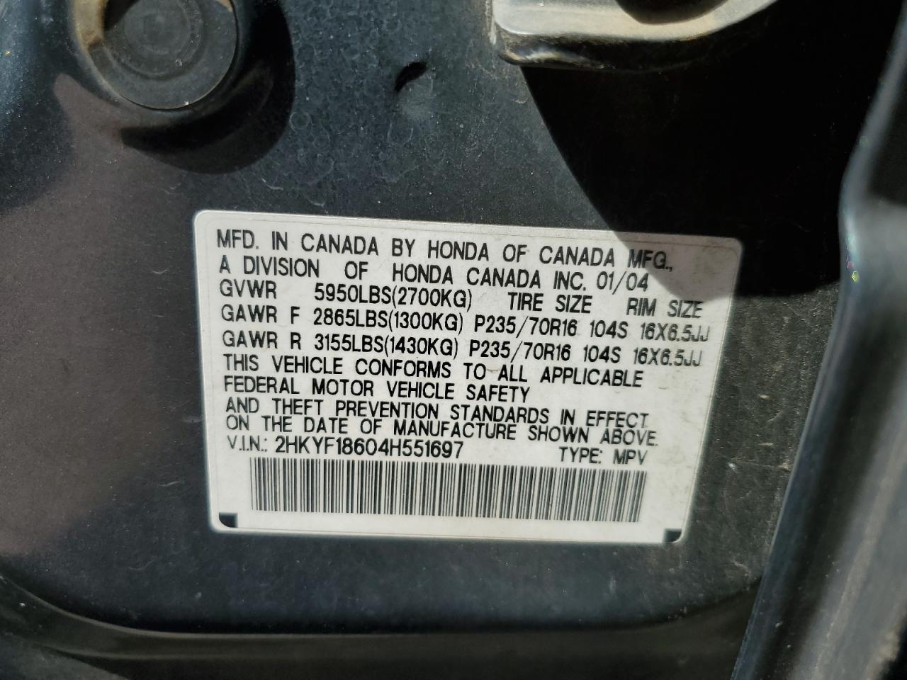 2HKYF18604H551697 2004 Honda Pilot Exl