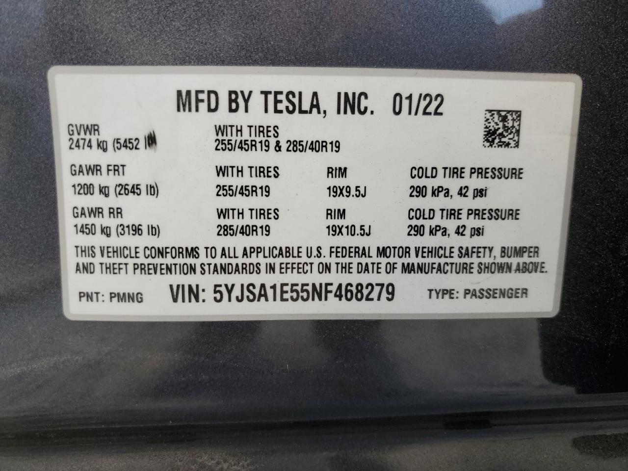 5YJSA1E55NF468279 2022 Tesla Model S