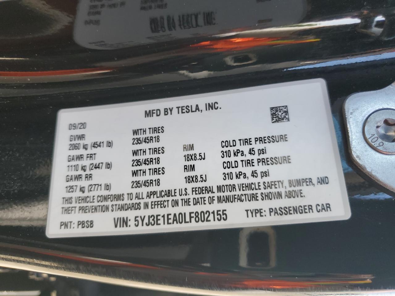 5YJ3E1EA0LF802155 2020 Tesla Model 3