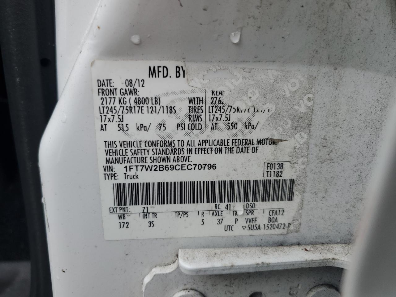 1FT7W2B69CEC70796 2012 Ford F250 Super Duty