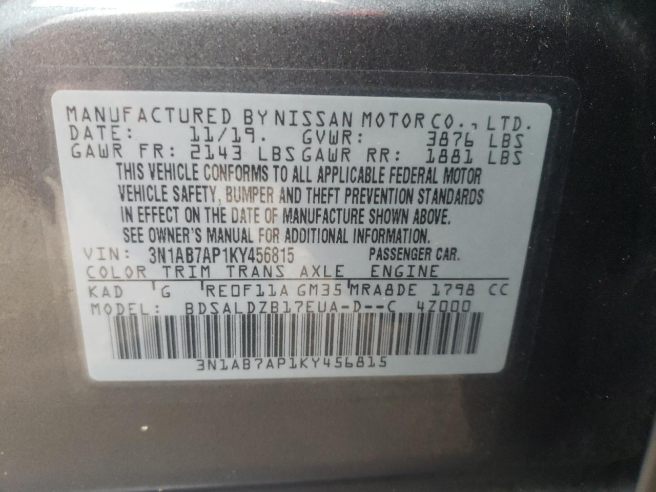 3N1AB7AP1KY456815 2019 Nissan Sentra S