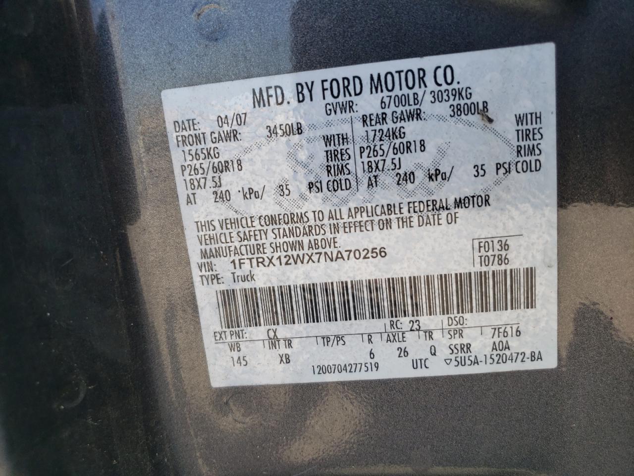 1FTRX12WX7NA70256 2007 Ford F150