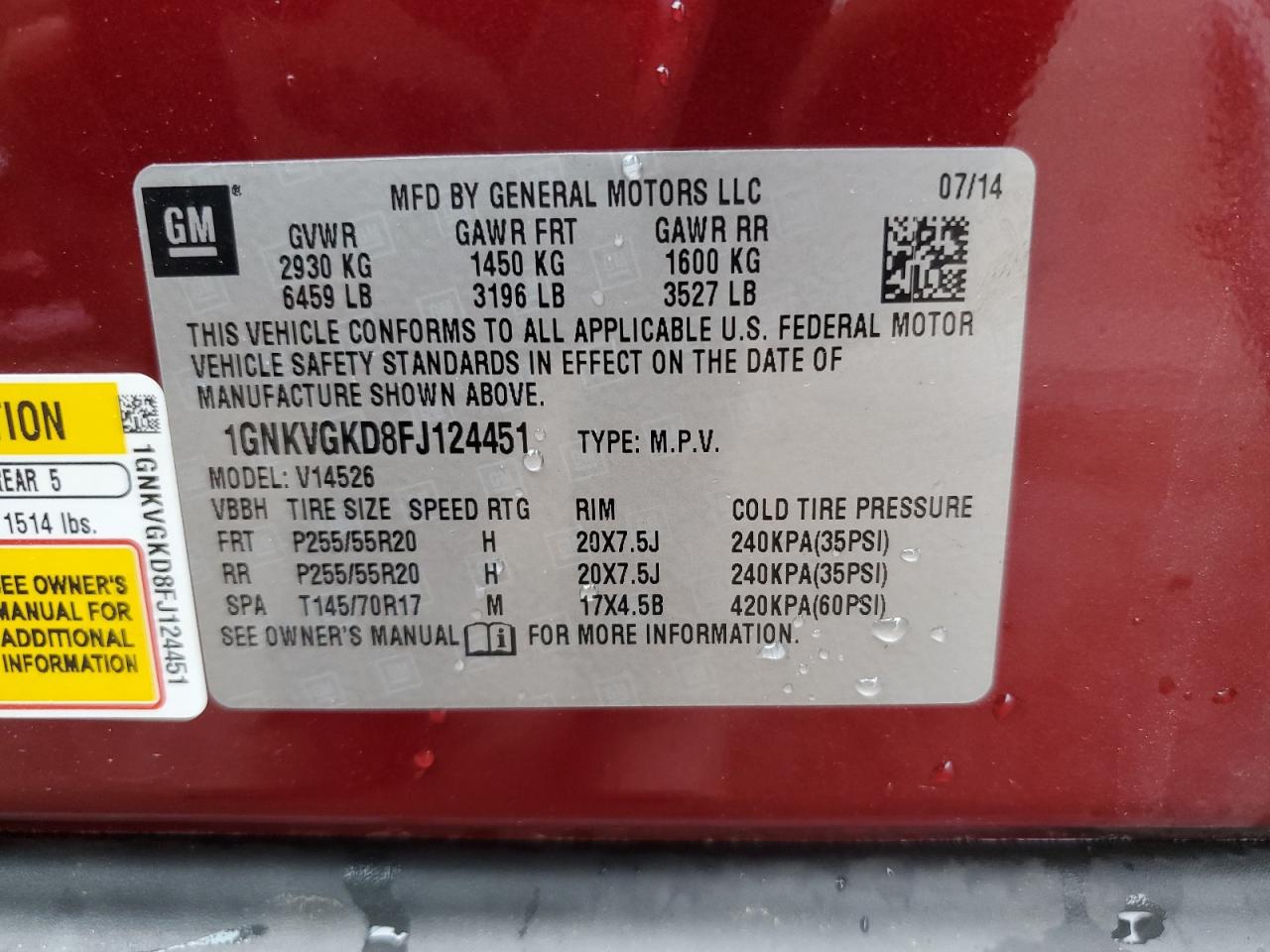 2015 Chevrolet Traverse Lt VIN: 1GNKVGKD8FJ124451 Lot: 72860324