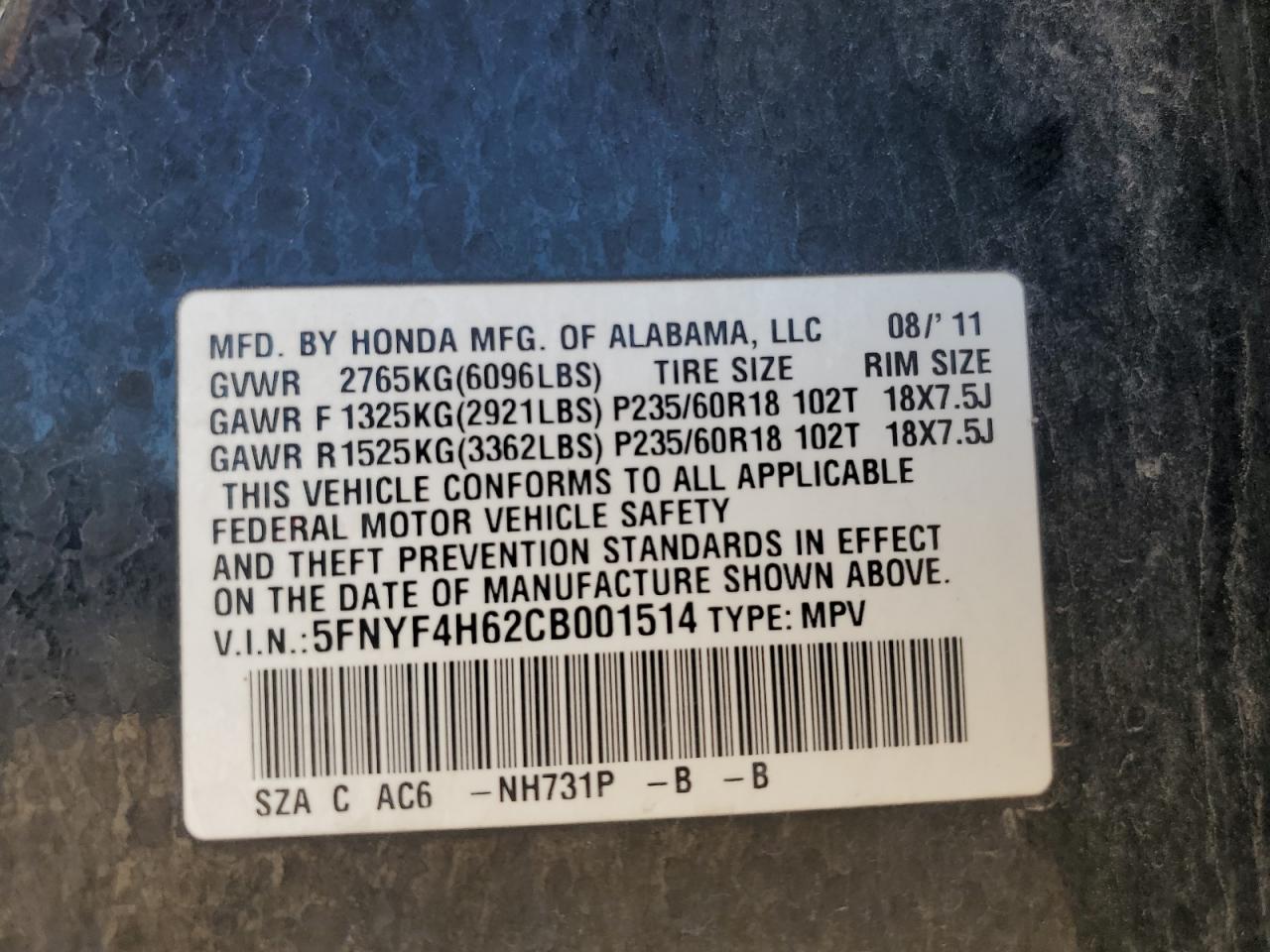 5FNYF4H62CB001514 2012 Honda Pilot Exl