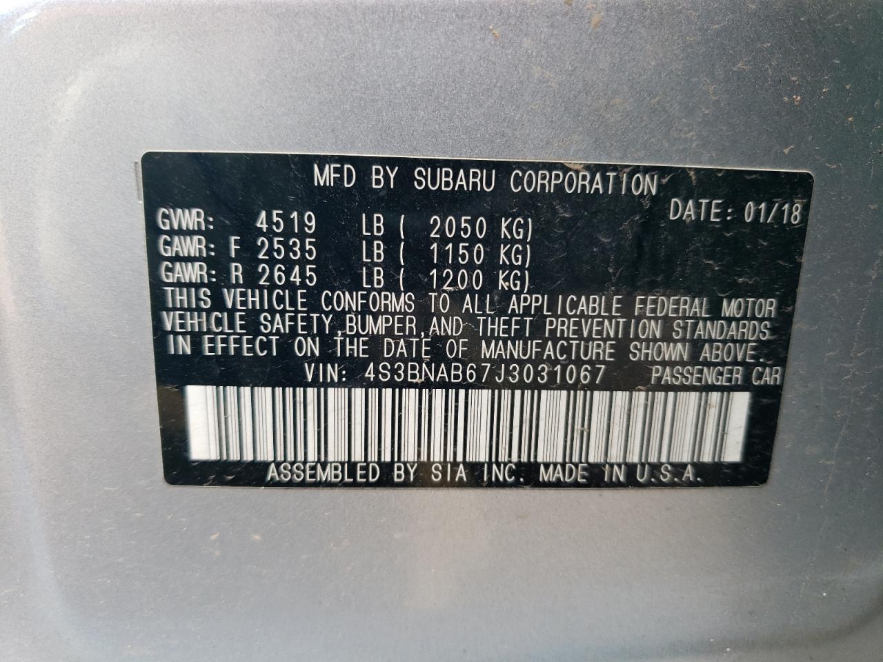 4S3BNAB67J3031067 2018 Subaru Legacy 2.5I