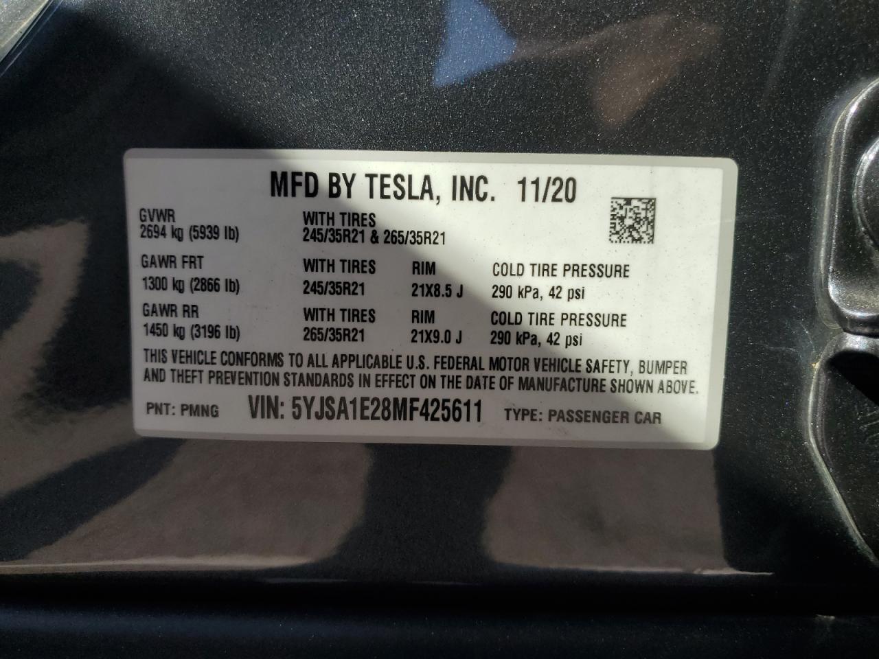 2021 Tesla Model S VIN: 5YJSA1E28MF425611 Lot: 70623844