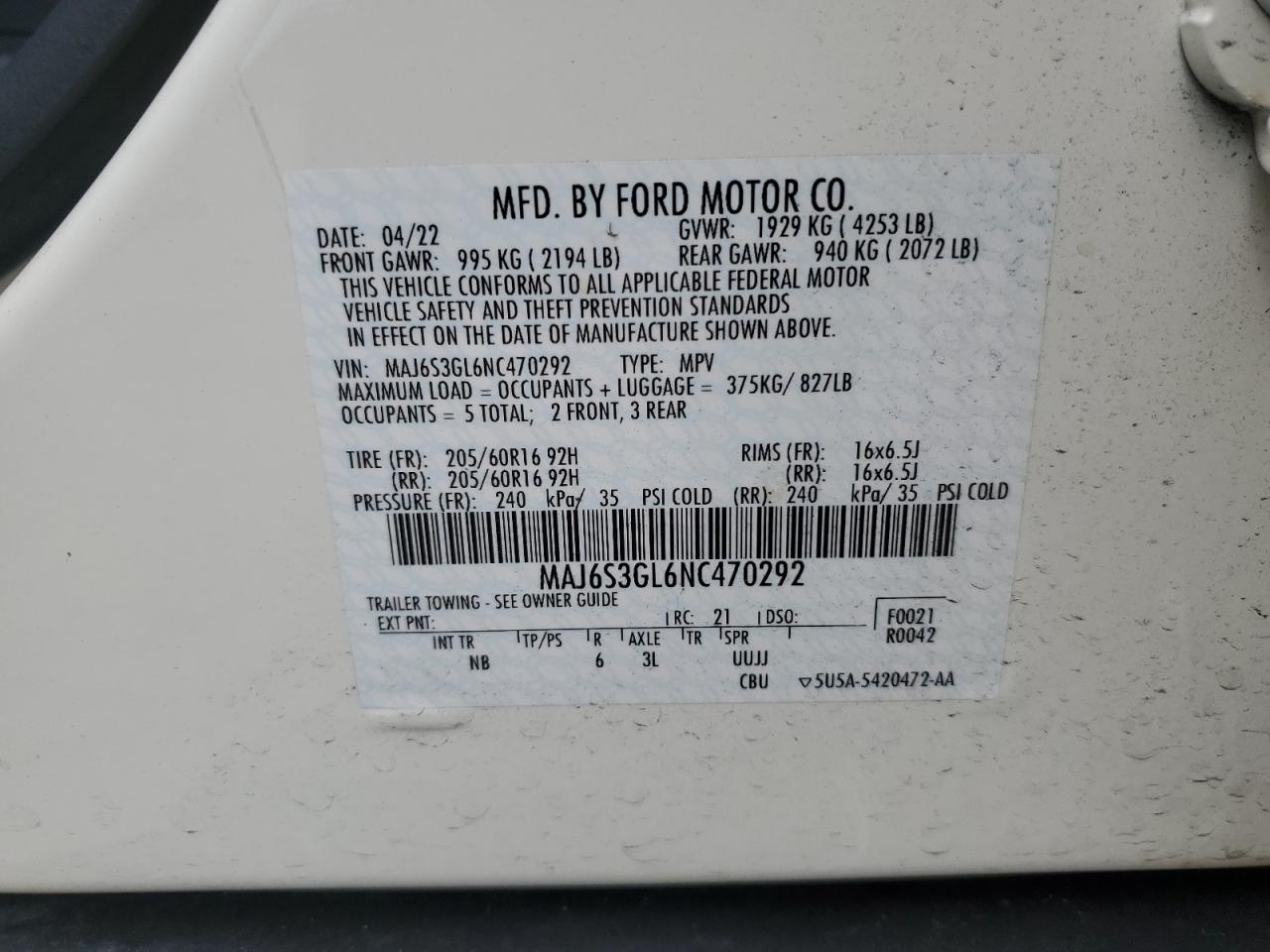 MAJ6S3GL6NC470292 2022 Ford Ecosport Se