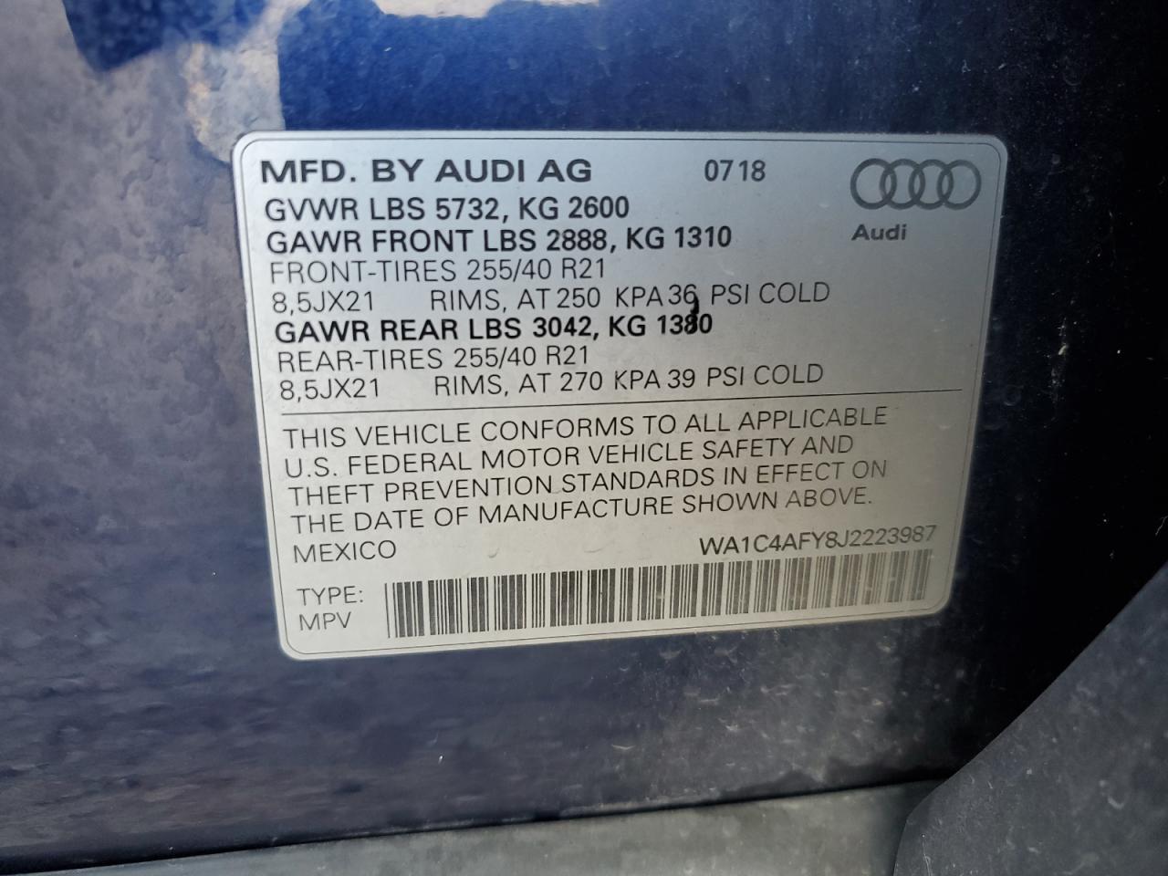 WA1C4AFY8J2223987 2018 Audi Sq5 Prestige