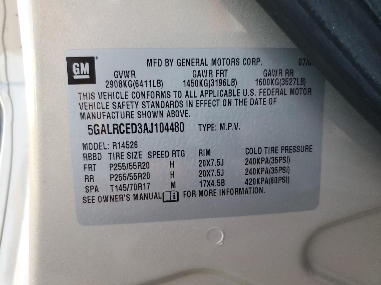 5GALRCED3AJ104480 2010 Buick Enclave Cxl