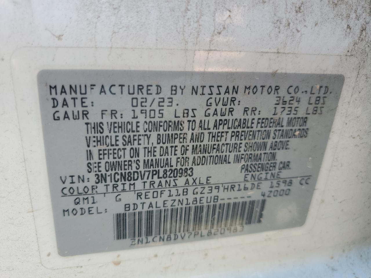 2023 Nissan Versa S VIN: 3N1CN8DV7PL820983 Lot: 71664974