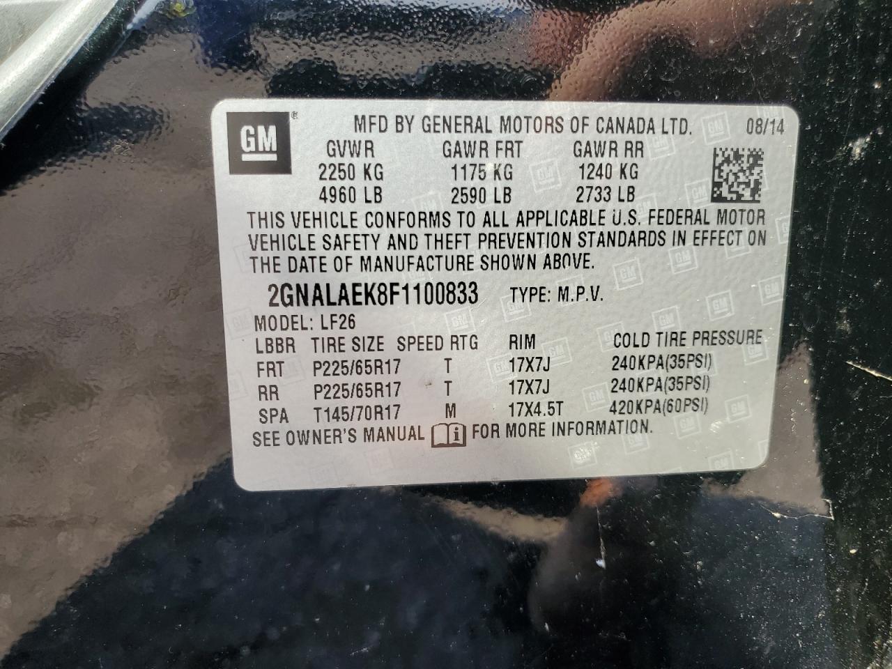 2GNALAEK8F1100833 2015 Chevrolet Equinox Ls