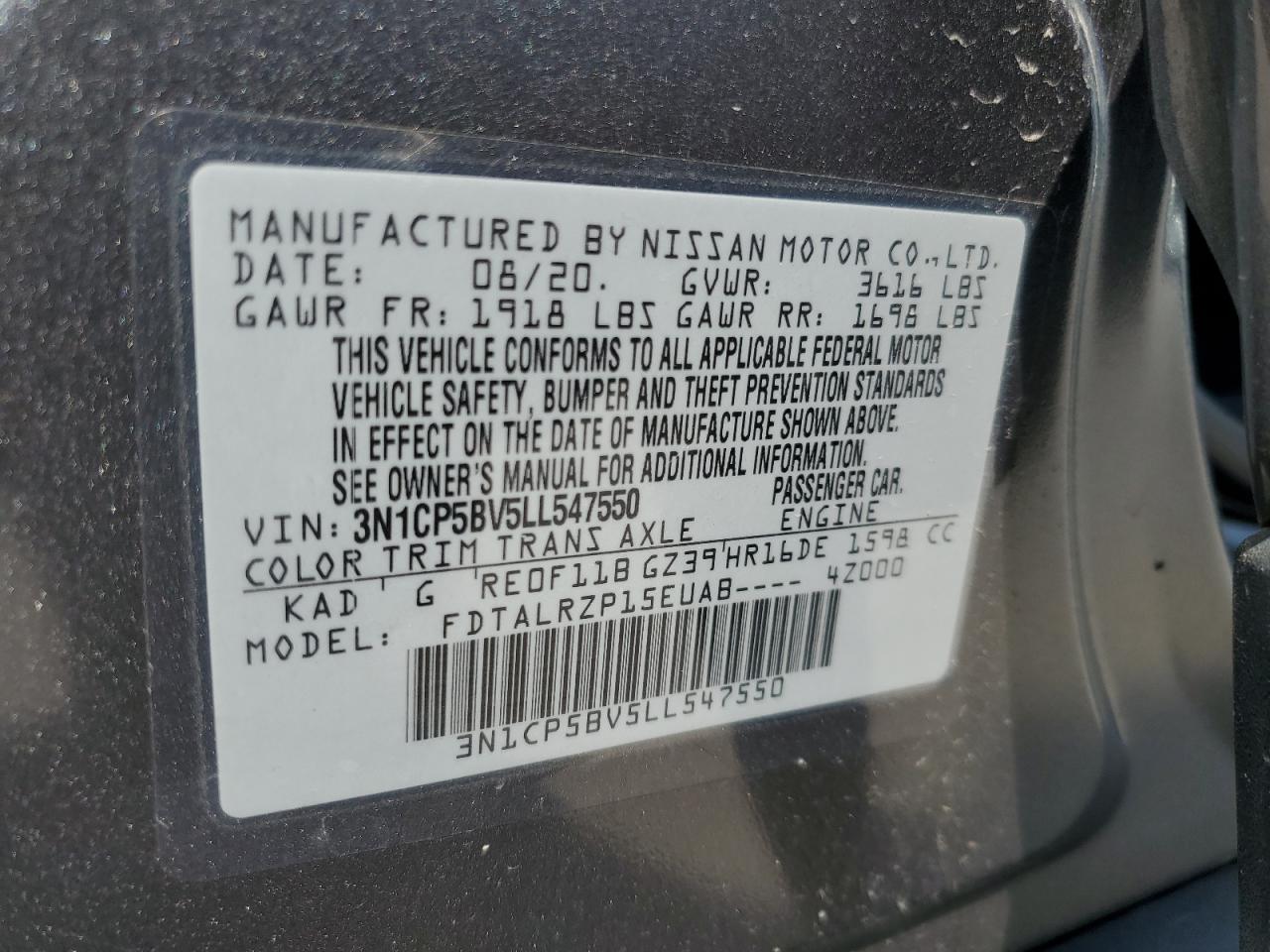 3N1CP5BV5LL547550 2020 Nissan Kicks S