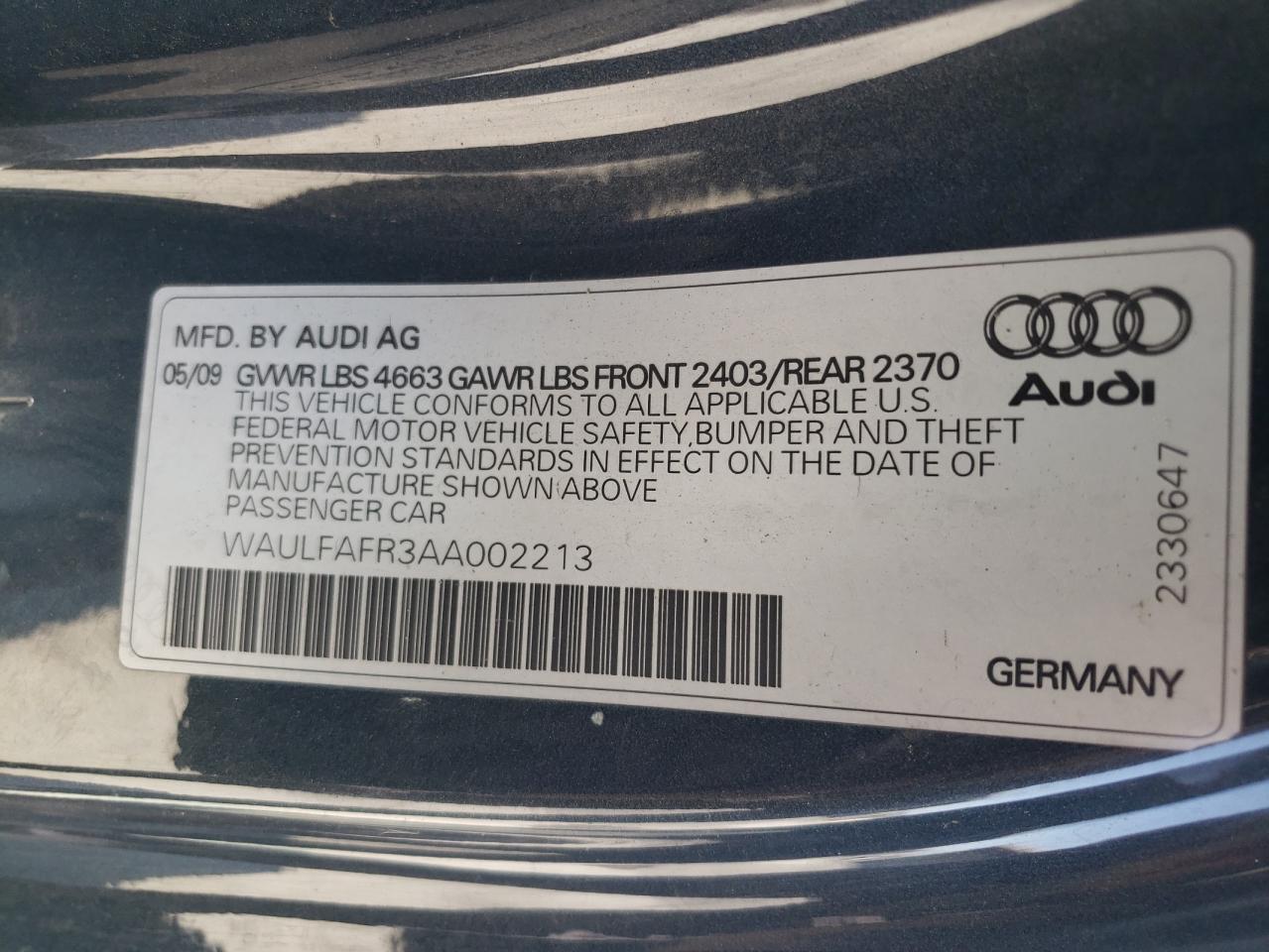 WAULFAFR3AA002213 2010 Audi A5 Premium Plus