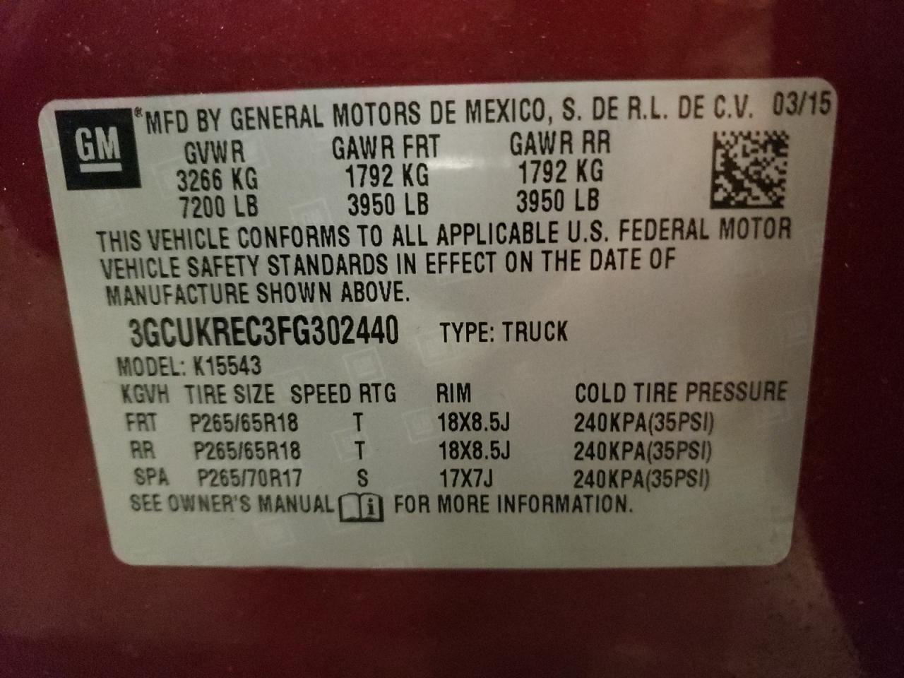 3GCUKREC3FG302440 2015 Chevrolet Silverado K1500 Lt