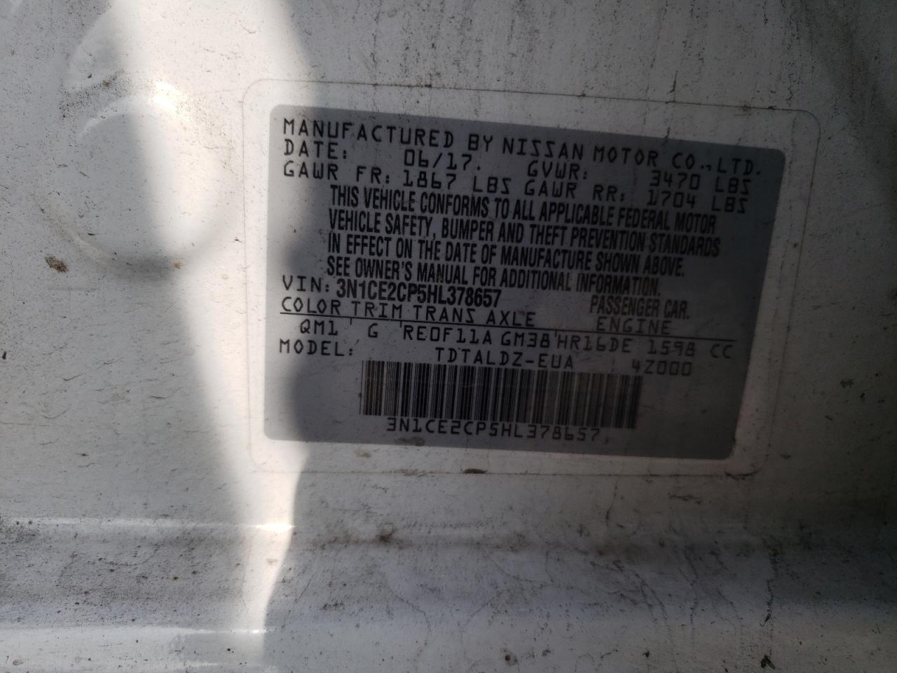 3N1CE2CP5HL378657 2017 Nissan Versa Note S