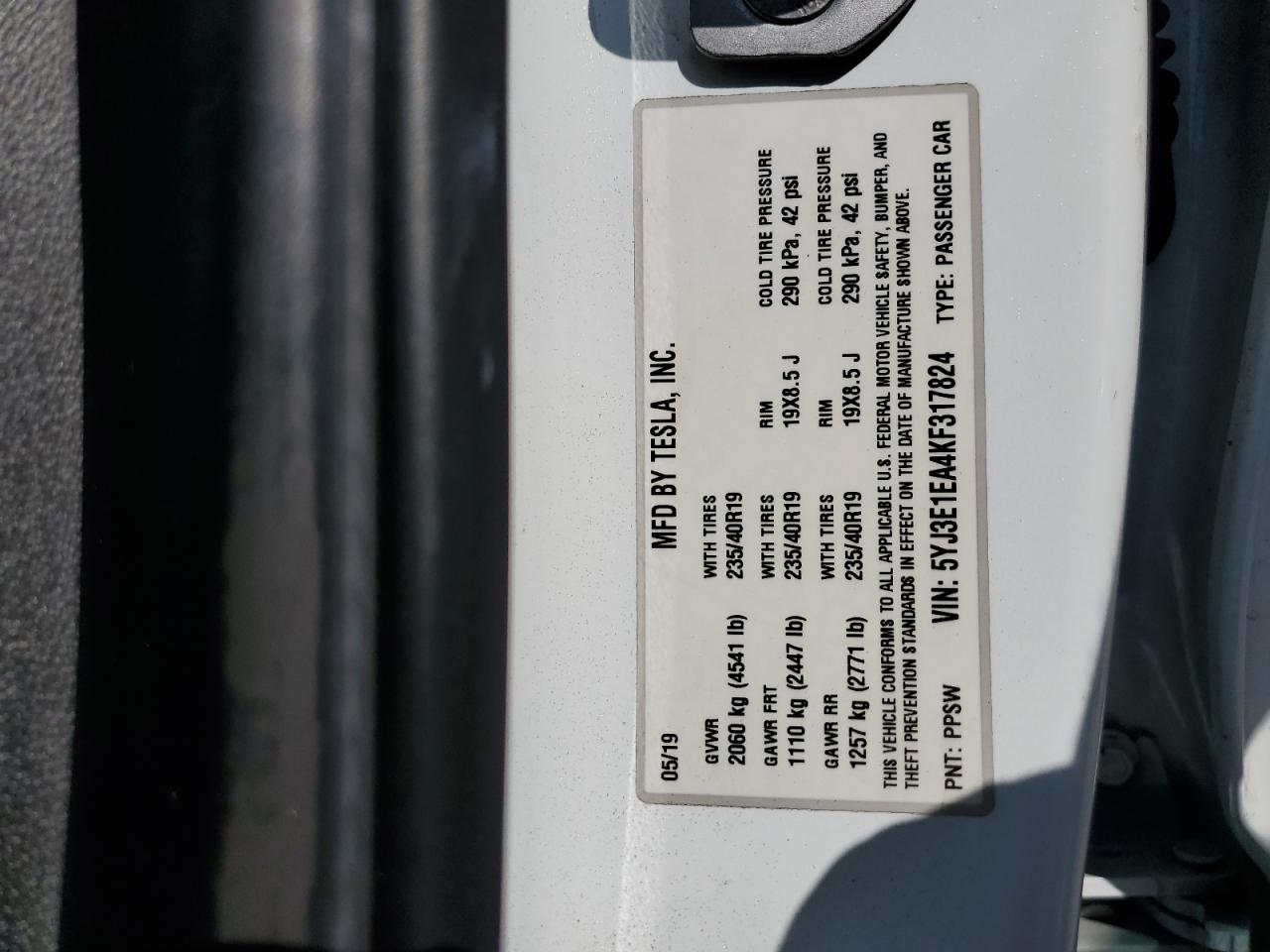 5YJ3E1EA4KF317824 2019 Tesla Model 3