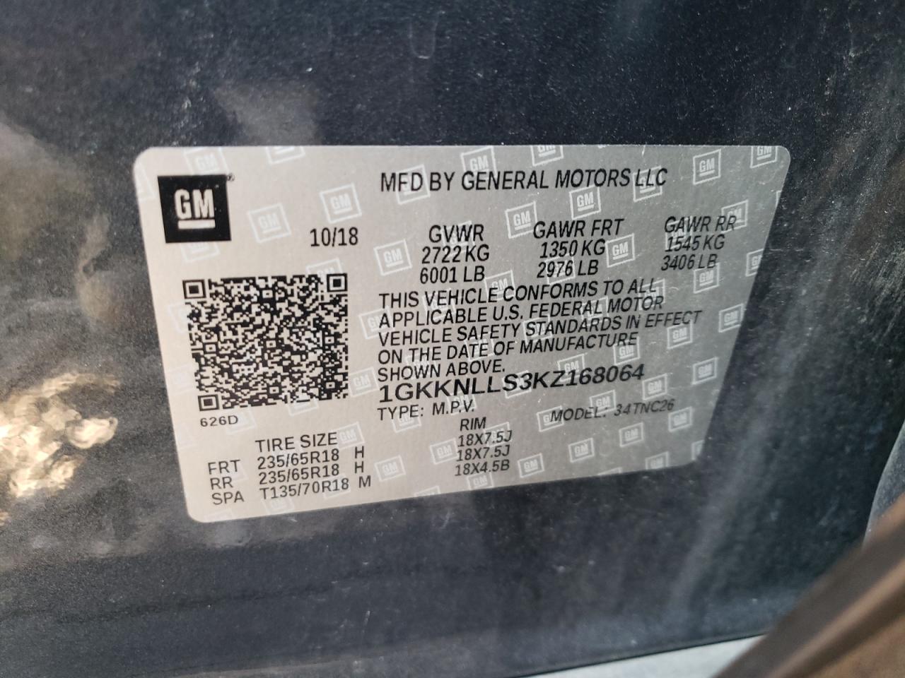 1GKKNLLS3KZ168064 2019 GMC Acadia Sle