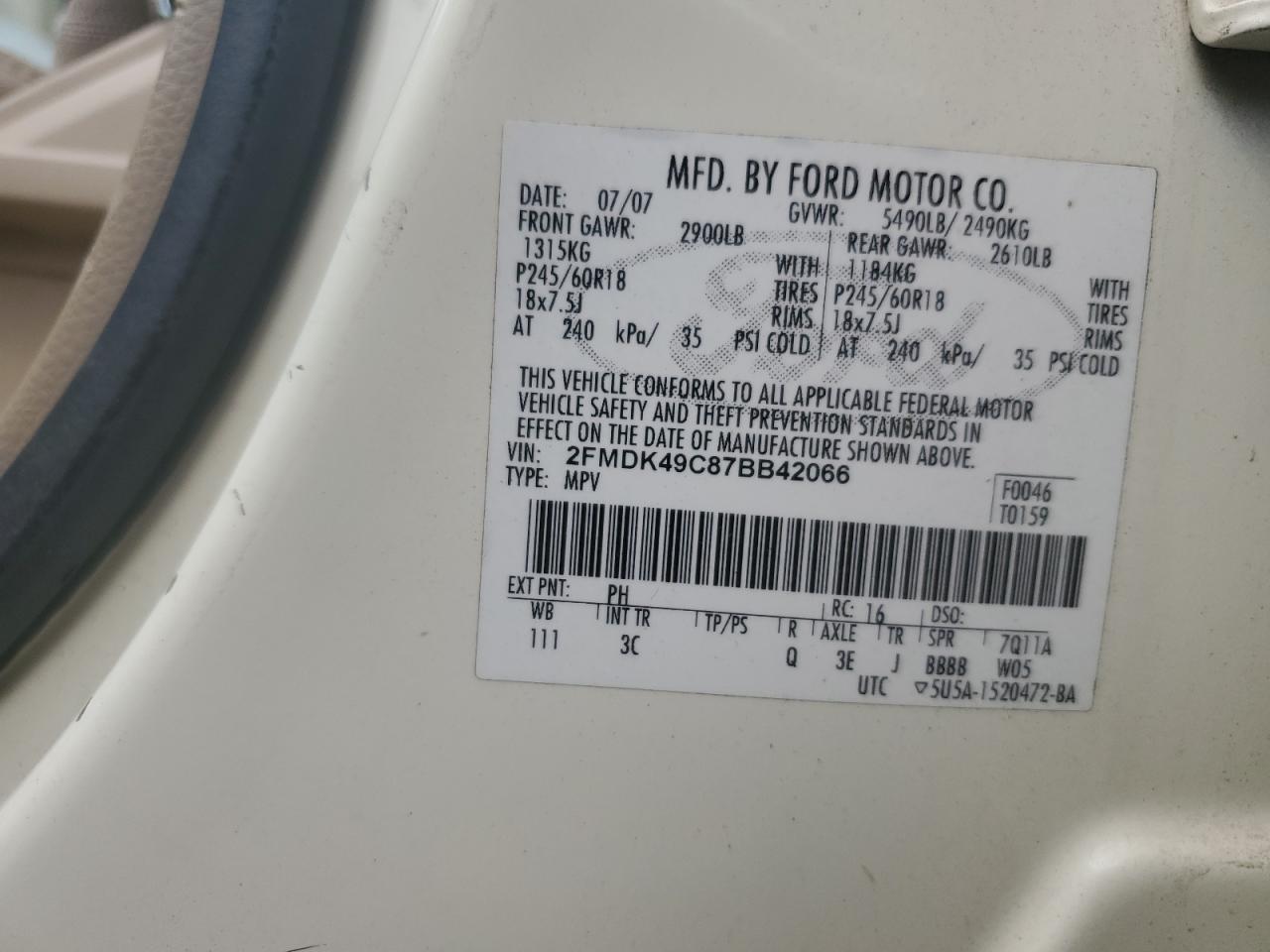 2007 Ford Edge Sel Plus VIN: 2FMDK49C87BB42066 Lot: 71999464