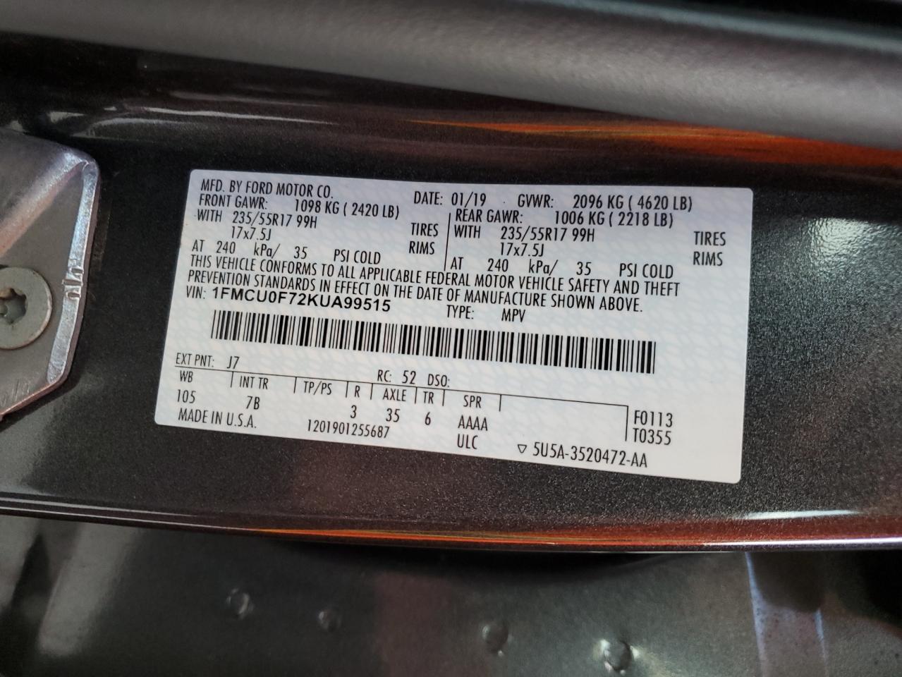 1FMCU0F72KUA99515 2019 Ford Escape S