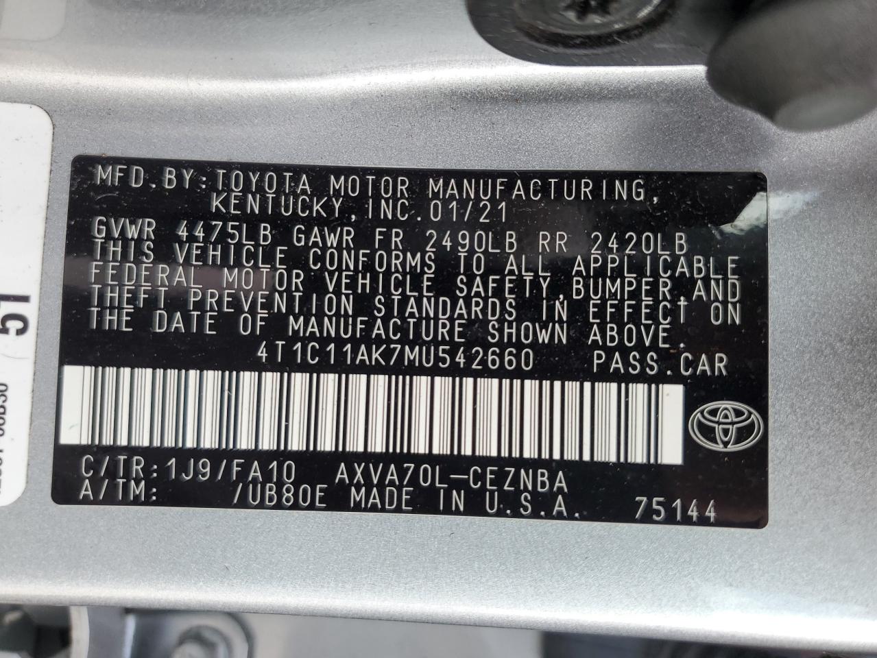 4T1C11AK7MU542660 2021 Toyota Camry Le