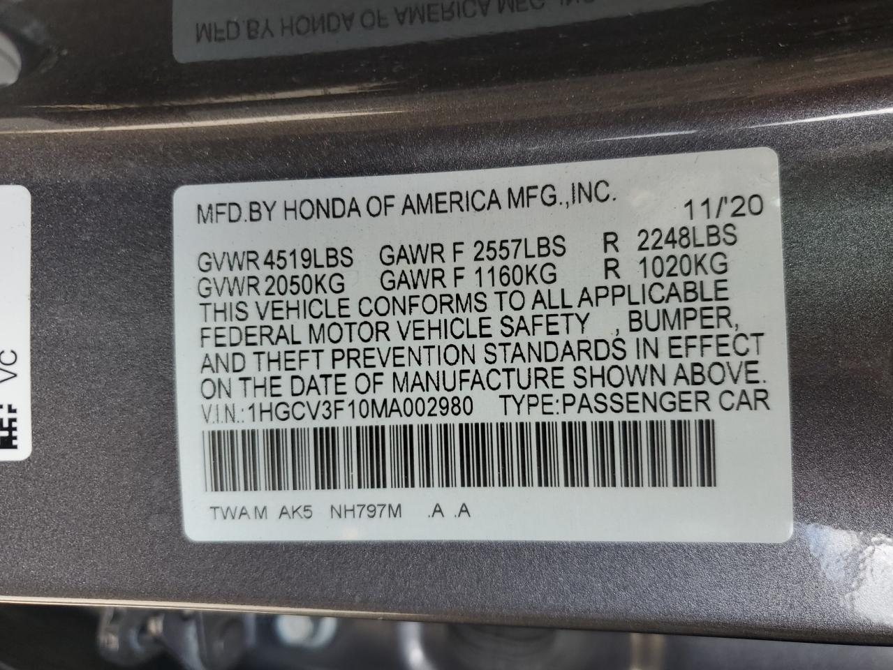 1HGCV3F10MA002980 2021 Honda Accord Hybrid