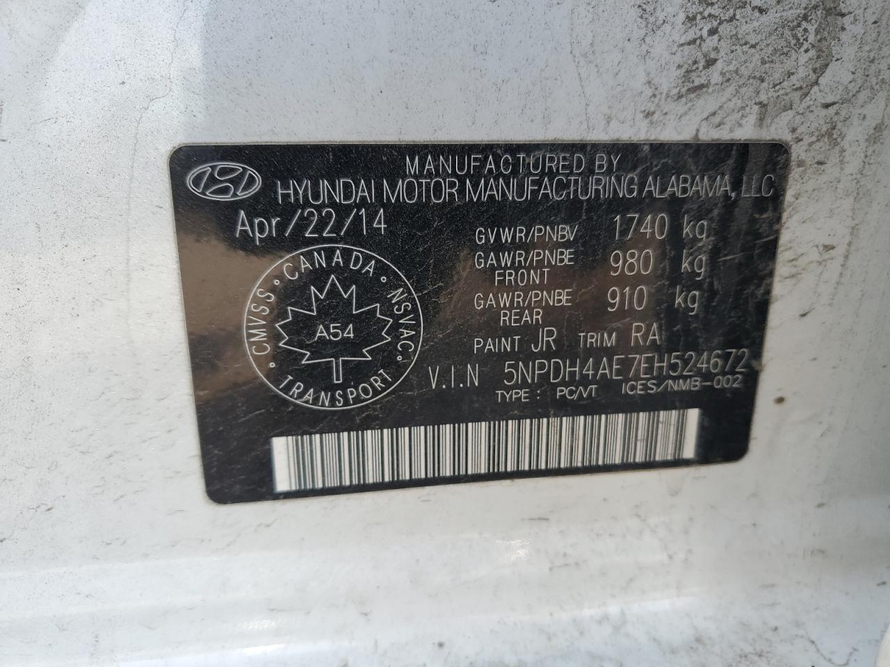 5NPDH4AE7EH524672 2014 Hyundai Elantra Se