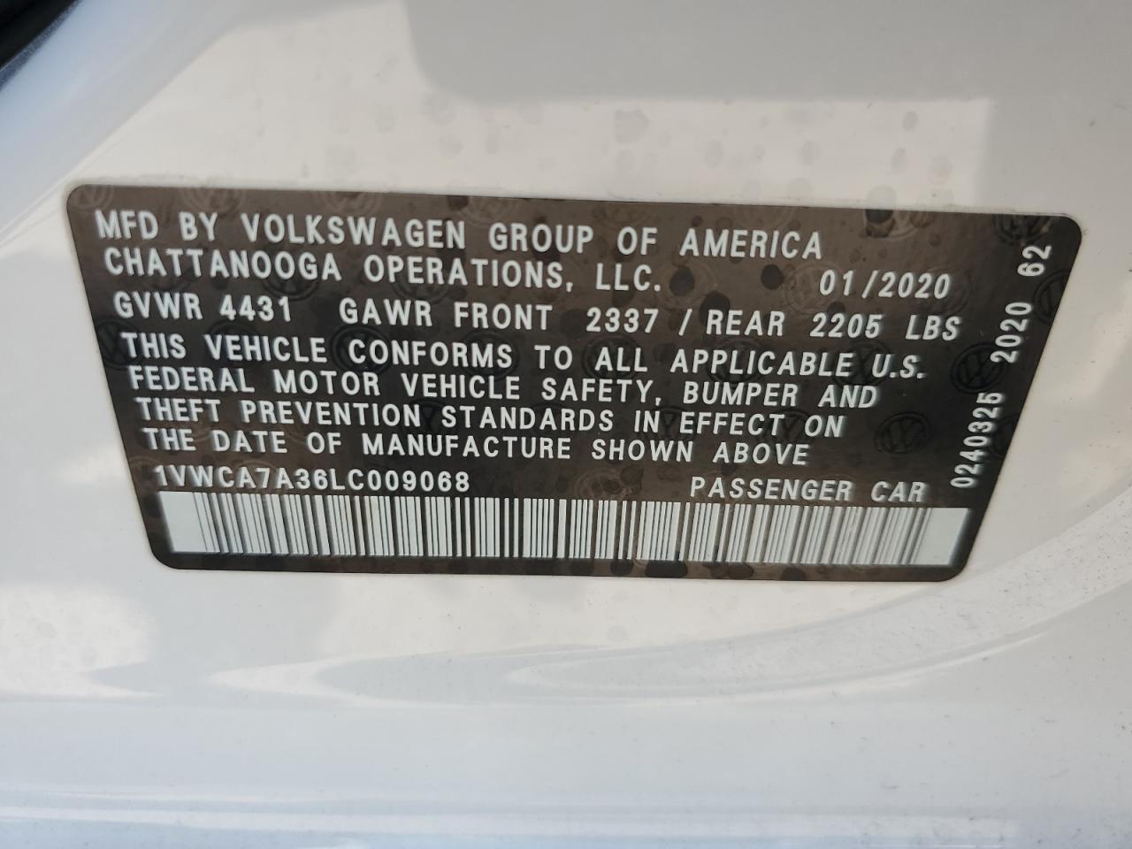 1VWCA7A36LC009068 2020 Volkswagen Passat Sel