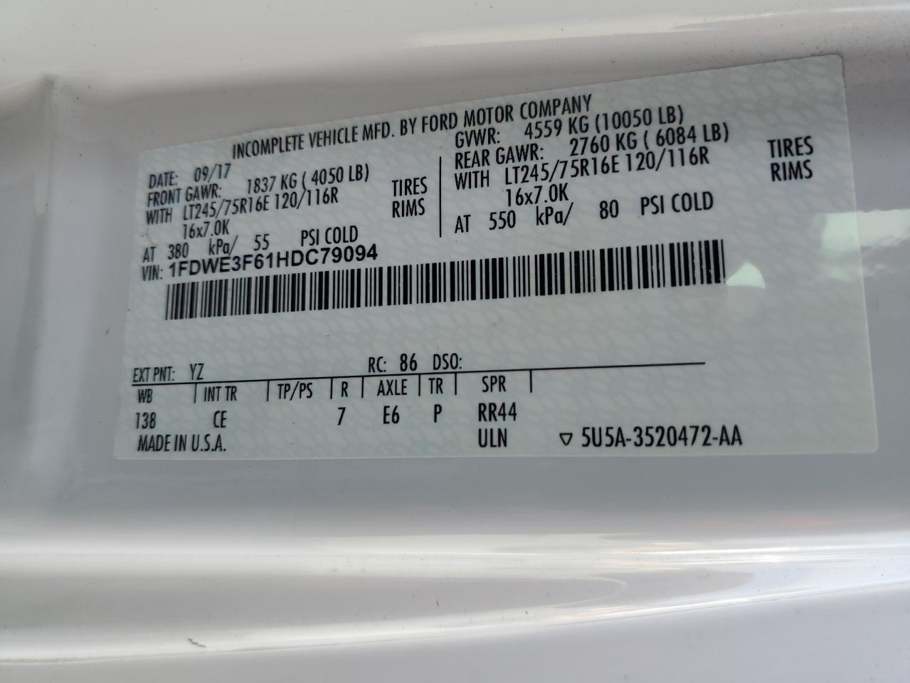 2017 Ford Econoline E350 Super Duty Cutaway Van VIN: 1FDWE3F61HDC79094 Lot: 70658084