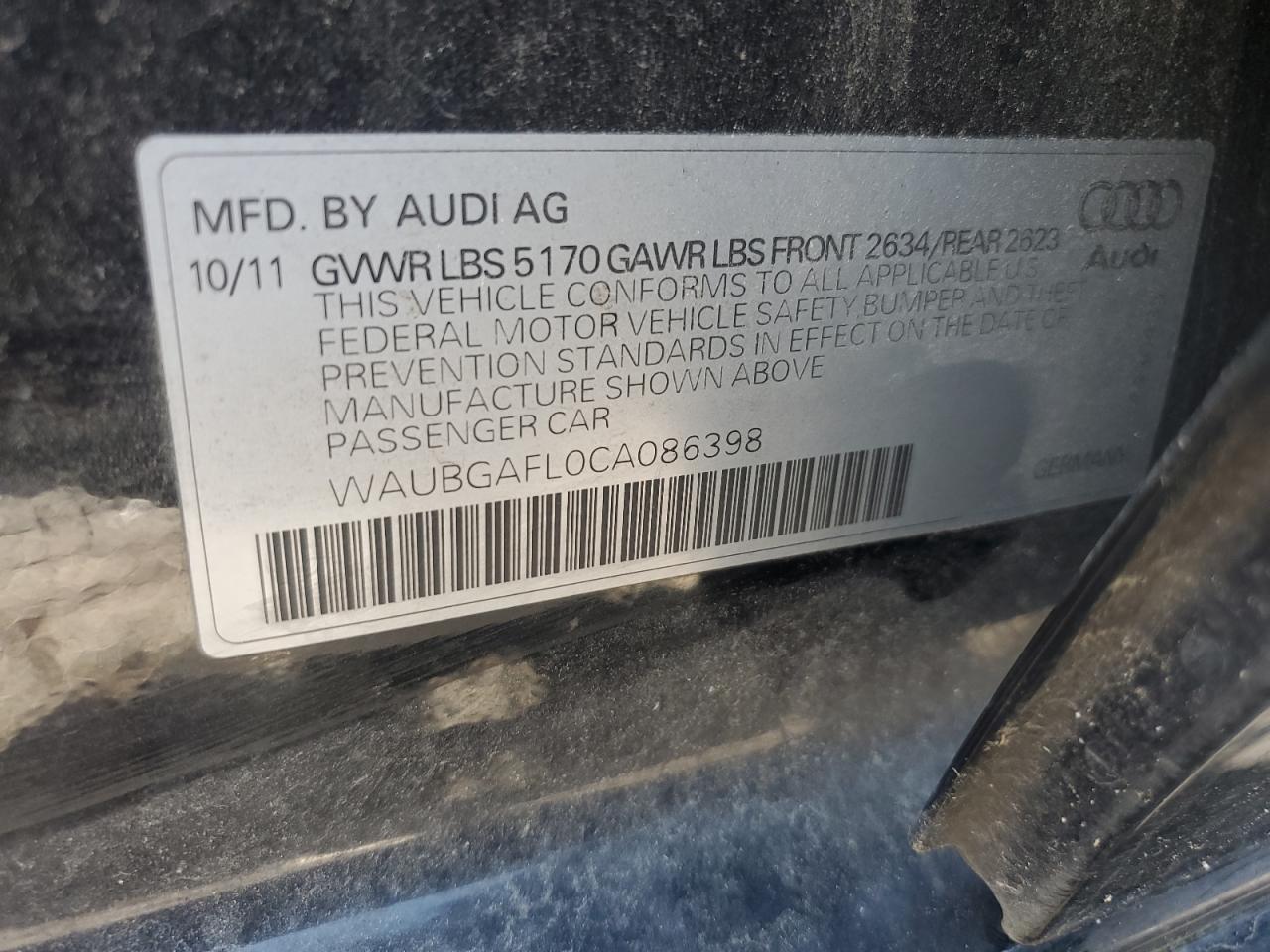 WAUBGAFL0CA086398 2012 Audi S4 Premium Plus