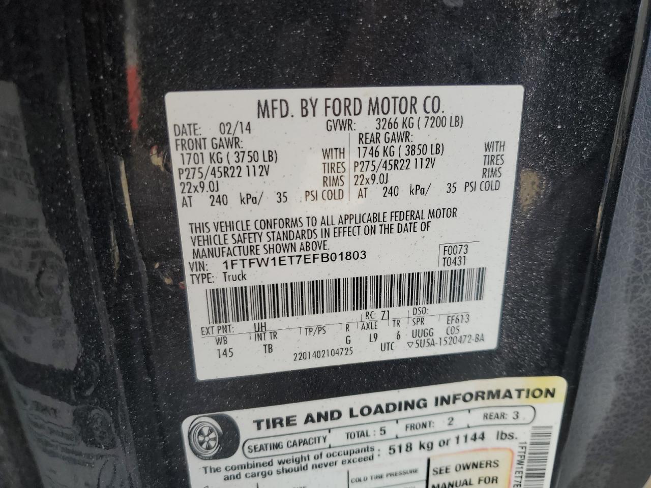 2014 Ford F150 Supercrew VIN: 1FTFW1ET7EFB01803 Lot: 71735784