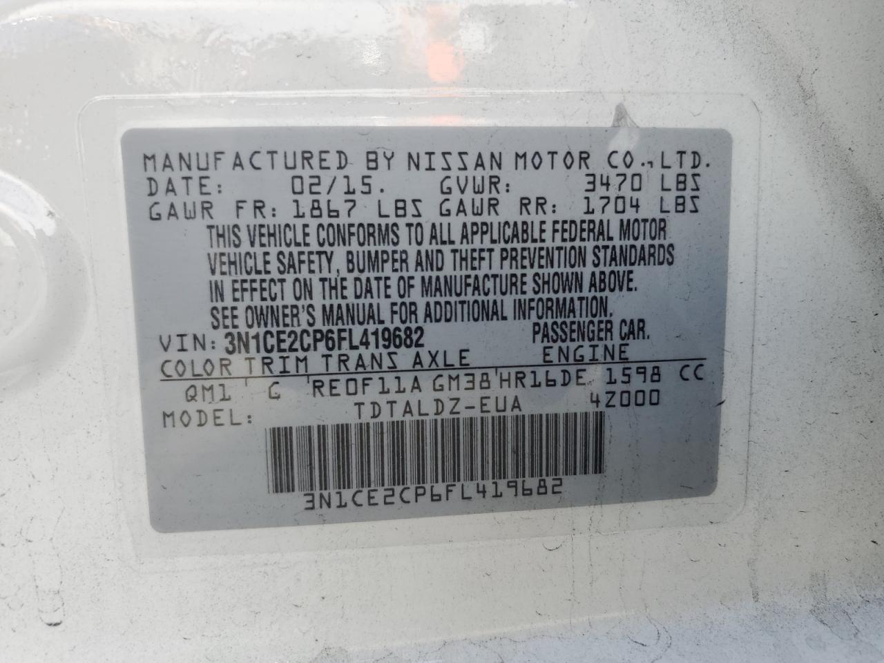 3N1CE2CP6FL419682 2015 Nissan Versa Note S