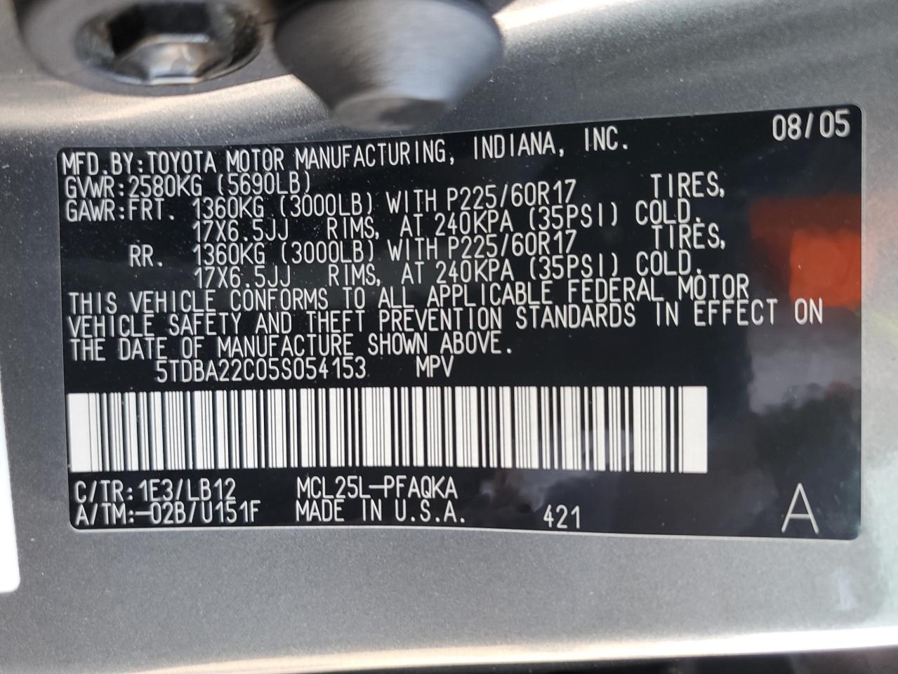 5TDBA22C05S054153 2005 Toyota Sienna Xle