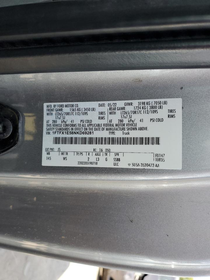2022 Ford F150 Super Cab VIN: 1FTFX1E58NKD69281 Lot: 72006074
