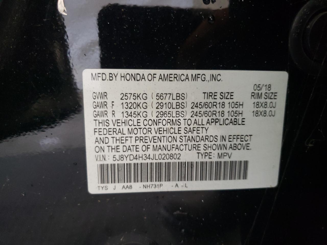 5J8YD4H34JL020802 2018 Acura Mdx