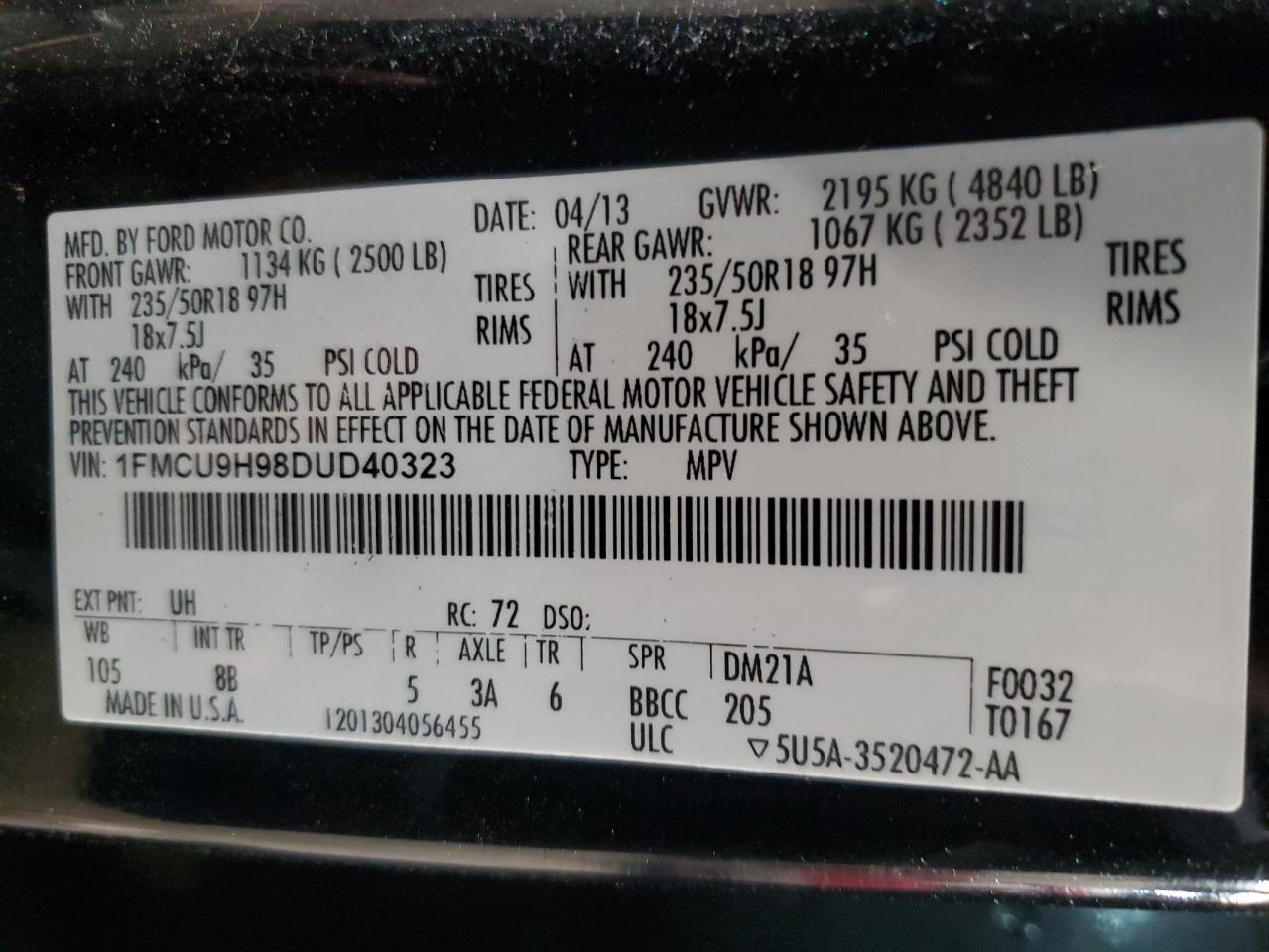 1FMCU9H98DUD40323 2013 Ford Escape Sel