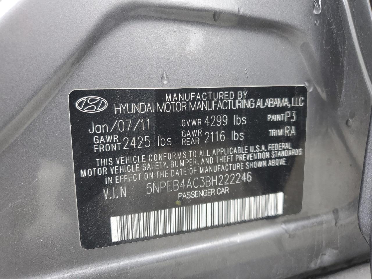 5NPEB4AC3BH222246 2011 Hyundai Sonata Gls