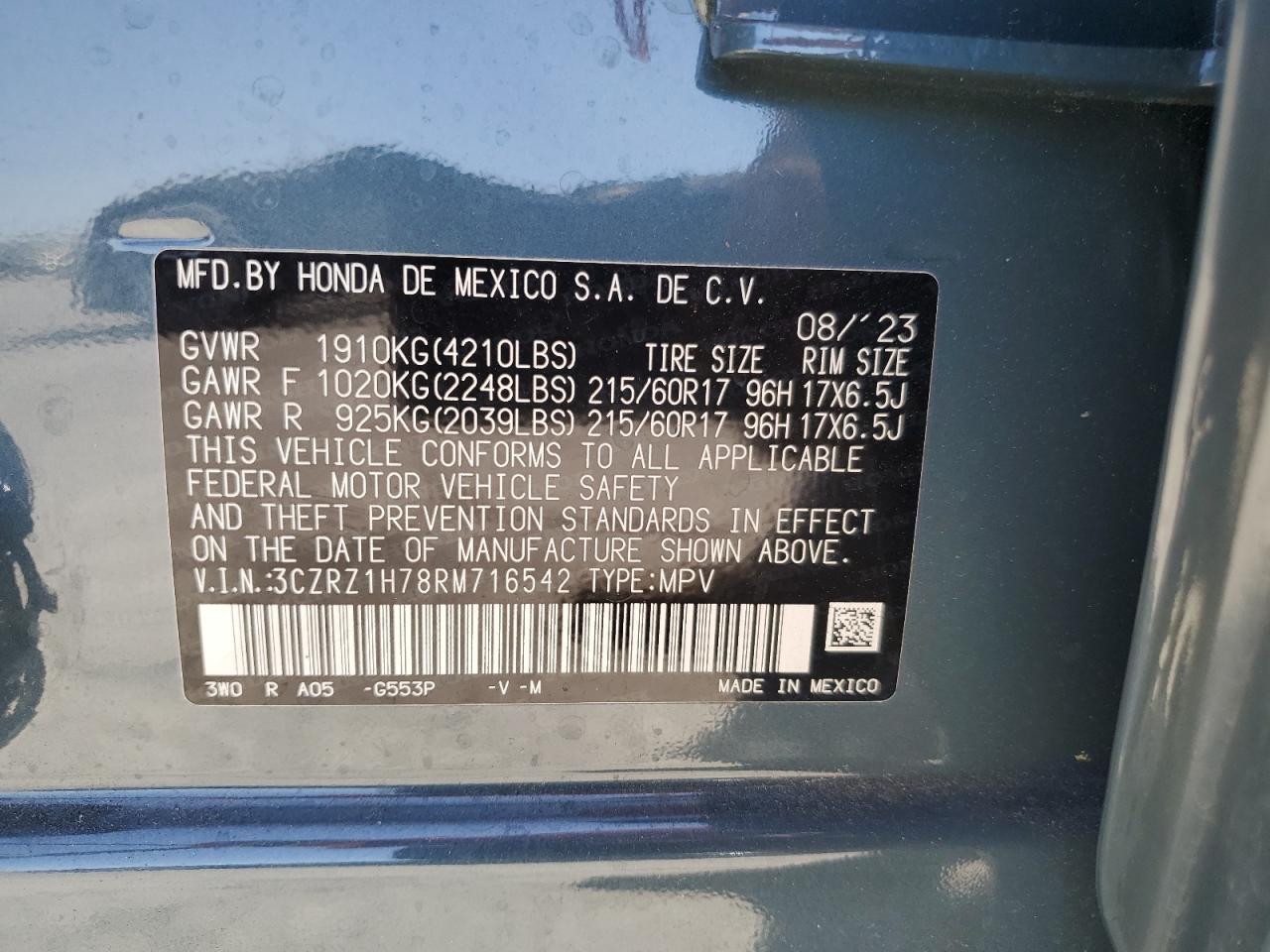 3CZRZ1H78RM716542 2024 Honda Hr-V Exl