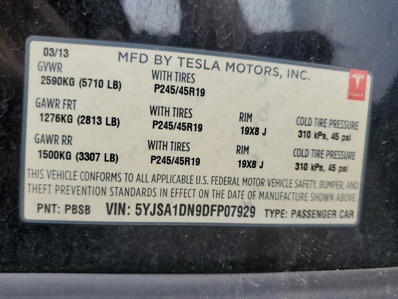 2013 Tesla Model S VIN: 5YJSA1DN9DFP07929 Lot: 69178744