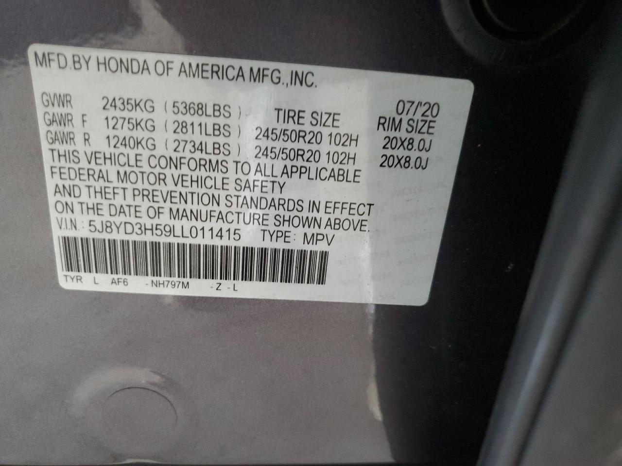 5J8YD3H59LL011415 2020 Acura Mdx Technology